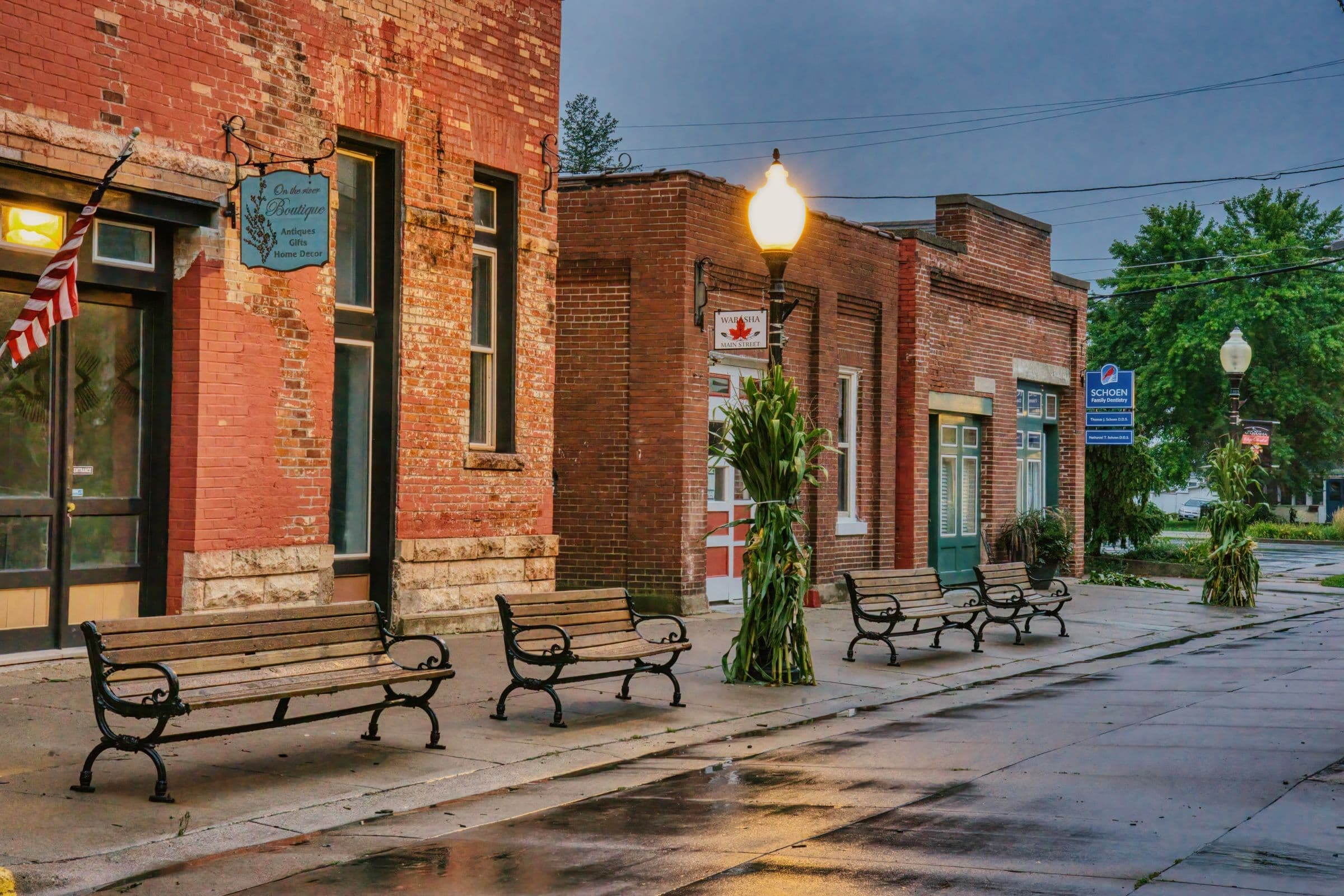 A quiet downtown street with old brick buildings