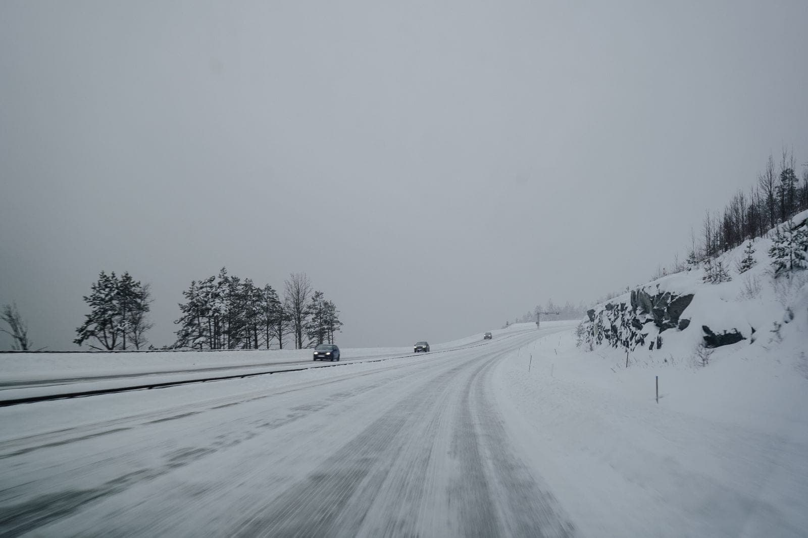 A serene wintery highway landscape with snow-covered trees and roads.